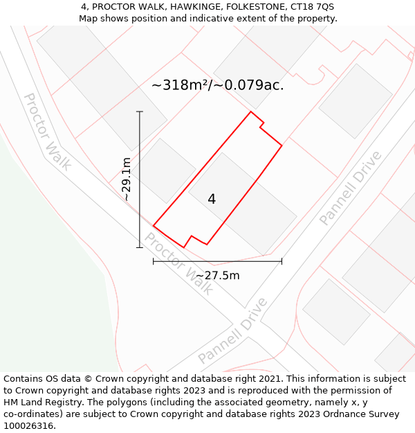 4, PROCTOR WALK, HAWKINGE, FOLKESTONE, CT18 7QS: Plot and title map