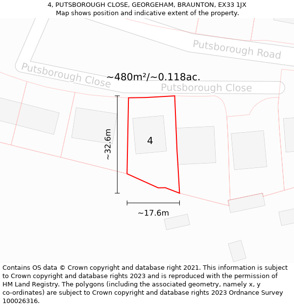 4, PUTSBOROUGH CLOSE, GEORGEHAM, BRAUNTON, EX33 1JX: Plot and title map