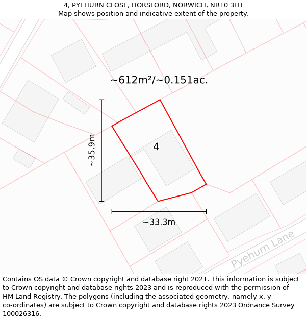 4, PYEHURN CLOSE, HORSFORD, NORWICH, NR10 3FH: Plot and title map