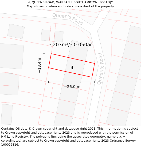 4, QUEENS ROAD, WARSASH, SOUTHAMPTON, SO31 9JY: Plot and title map