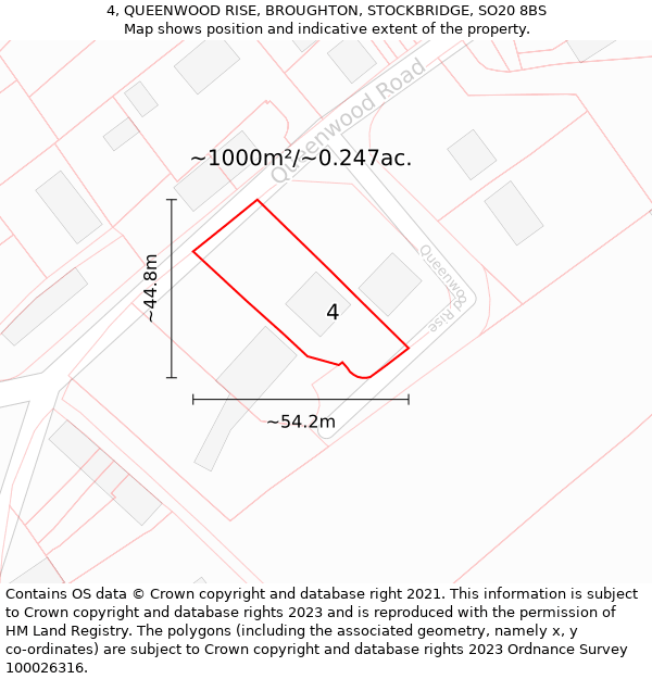 4, QUEENWOOD RISE, BROUGHTON, STOCKBRIDGE, SO20 8BS: Plot and title map