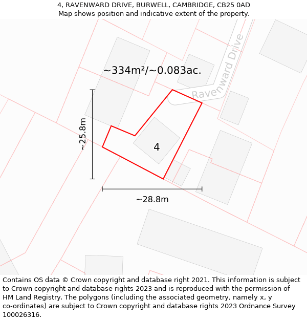 4, RAVENWARD DRIVE, BURWELL, CAMBRIDGE, CB25 0AD: Plot and title map