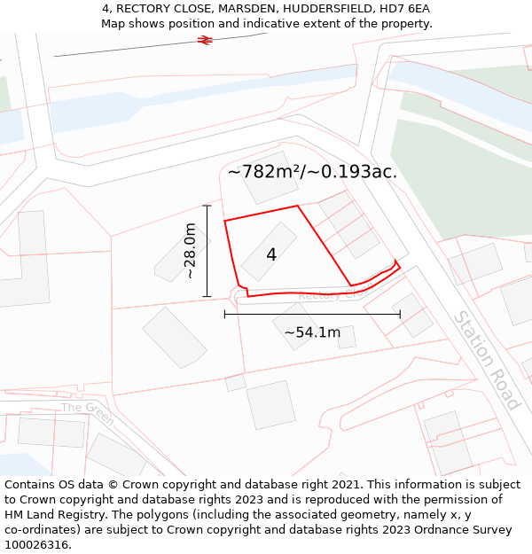 4, RECTORY CLOSE, MARSDEN, HUDDERSFIELD, HD7 6EA: Plot and title map