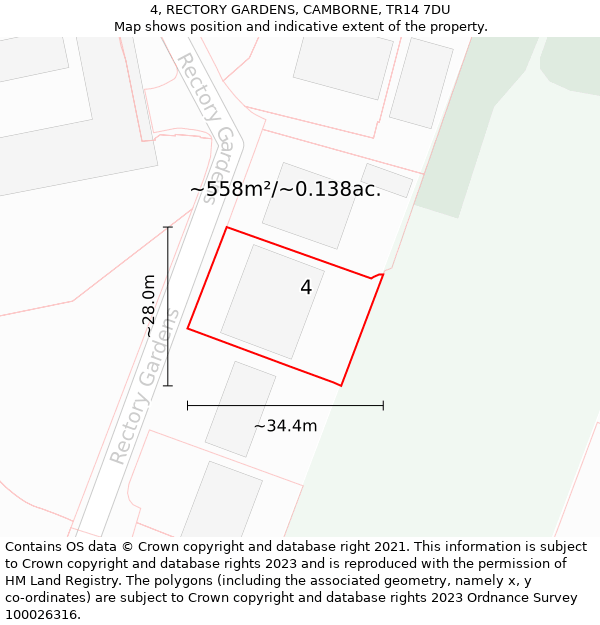 4, RECTORY GARDENS, CAMBORNE, TR14 7DU: Plot and title map