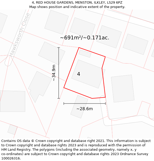 4, RED HOUSE GARDENS, MENSTON, ILKLEY, LS29 6PZ: Plot and title map