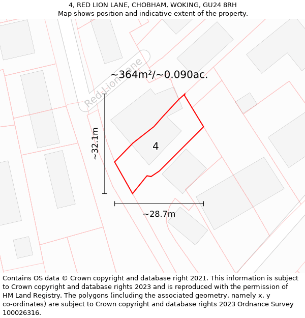 4, RED LION LANE, CHOBHAM, WOKING, GU24 8RH: Plot and title map