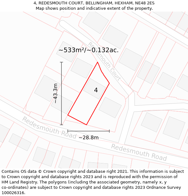 4, REDESMOUTH COURT, BELLINGHAM, HEXHAM, NE48 2ES: Plot and title map