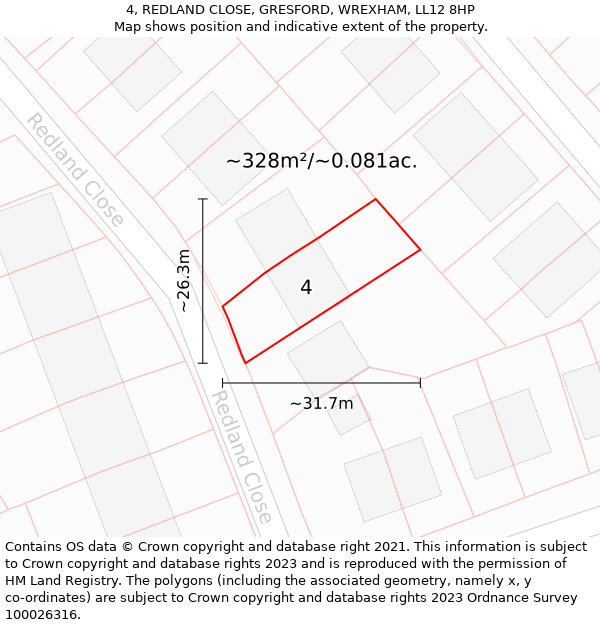 4, REDLAND CLOSE, GRESFORD, WREXHAM, LL12 8HP: Plot and title map