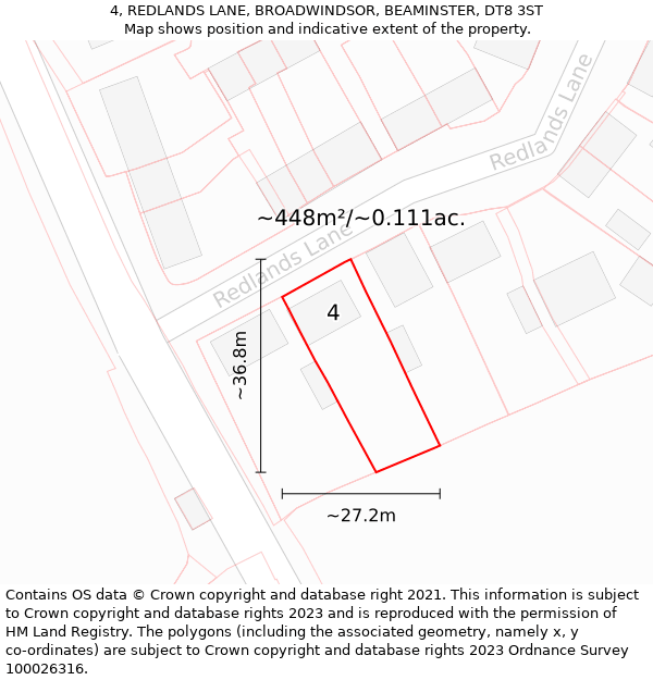 4, REDLANDS LANE, BROADWINDSOR, BEAMINSTER, DT8 3ST: Plot and title map