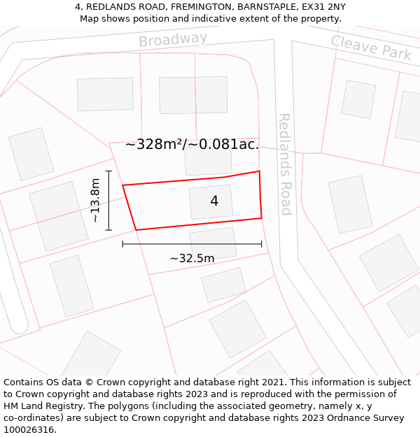 4, REDLANDS ROAD, FREMINGTON, BARNSTAPLE, EX31 2NY: Plot and title map