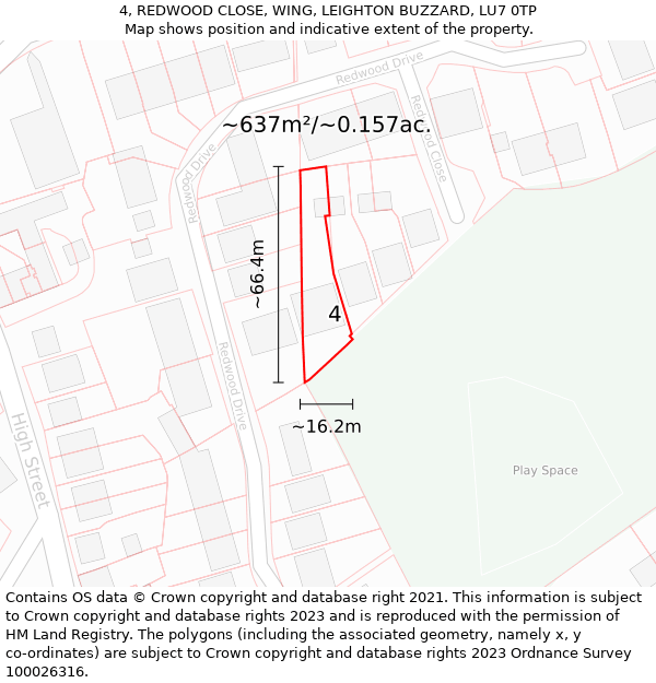 4, REDWOOD CLOSE, WING, LEIGHTON BUZZARD, LU7 0TP: Plot and title map