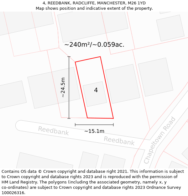 4, REEDBANK, RADCLIFFE, MANCHESTER, M26 1YD: Plot and title map