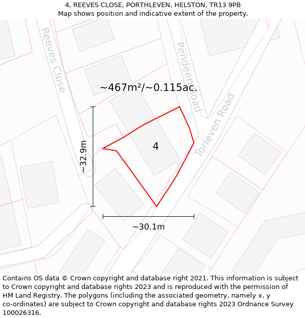 4, REEVES CLOSE, PORTHLEVEN, HELSTON, TR13 9PB: Plot and title map