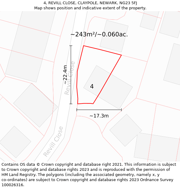 4, REVILL CLOSE, CLAYPOLE, NEWARK, NG23 5FJ: Plot and title map