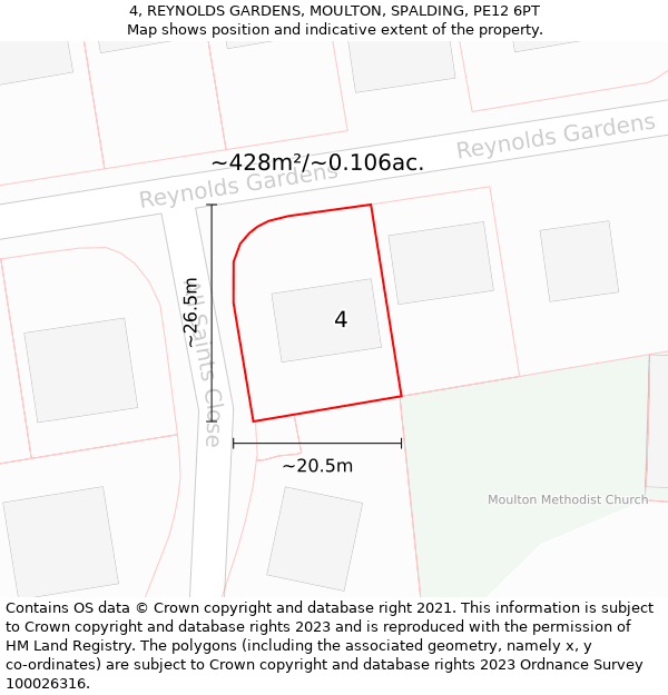 4, REYNOLDS GARDENS, MOULTON, SPALDING, PE12 6PT: Plot and title map