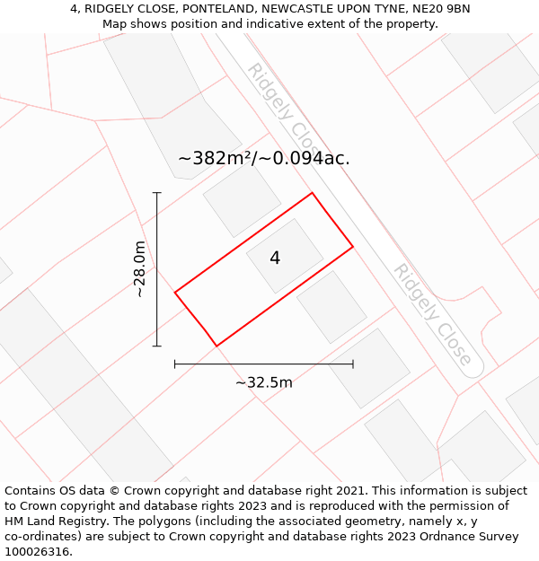 4, RIDGELY CLOSE, PONTELAND, NEWCASTLE UPON TYNE, NE20 9BN: Plot and title map