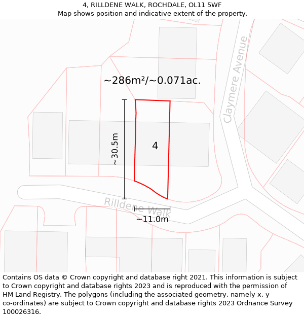 4, RILLDENE WALK, ROCHDALE, OL11 5WF: Plot and title map