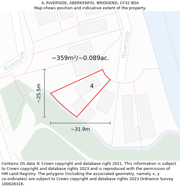 4, RIVERSIDE, ABERKENFIG, BRIDGEND, CF32 9DA: Plot and title map