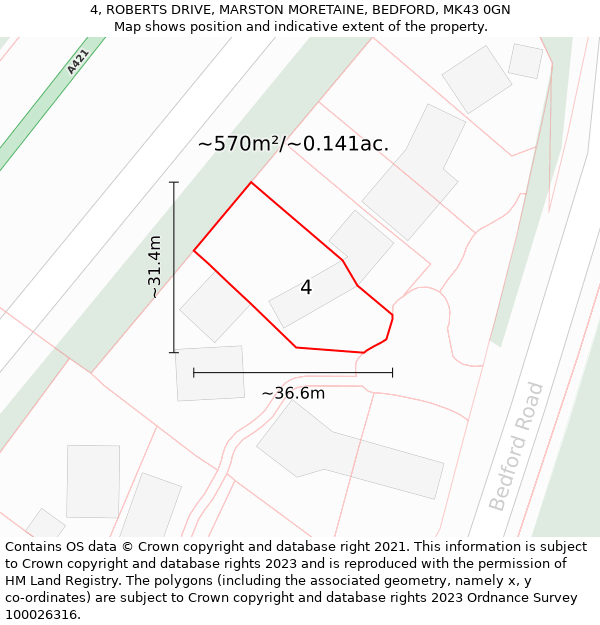 4, ROBERTS DRIVE, MARSTON MORETAINE, BEDFORD, MK43 0GN: Plot and title map