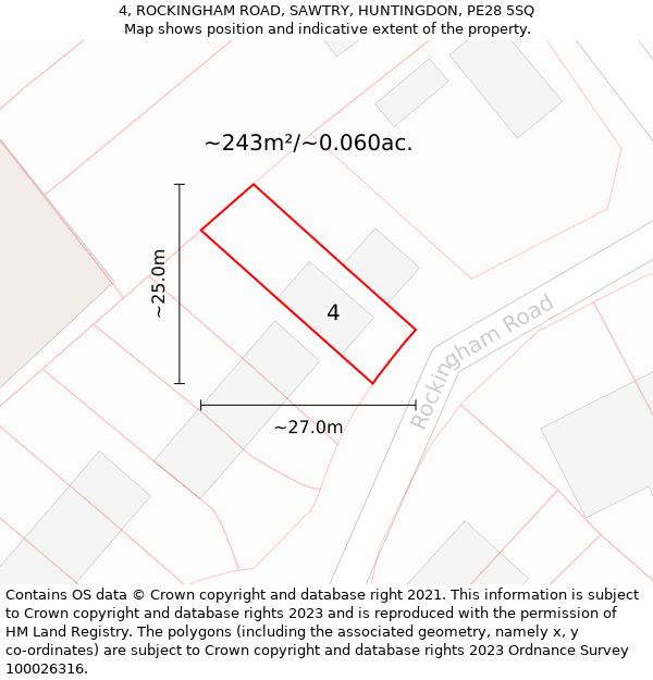 4, ROCKINGHAM ROAD, SAWTRY, HUNTINGDON, PE28 5SQ: Plot and title map