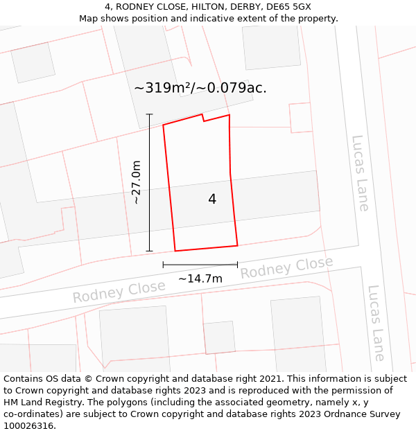 4, RODNEY CLOSE, HILTON, DERBY, DE65 5GX: Plot and title map