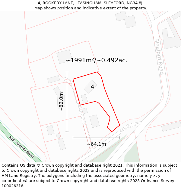 4, ROOKERY LANE, LEASINGHAM, SLEAFORD, NG34 8JJ: Plot and title map