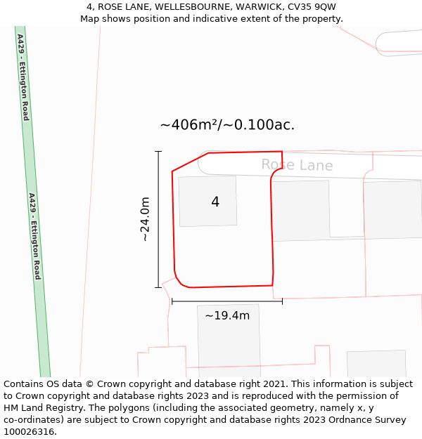 4, ROSE LANE, WELLESBOURNE, WARWICK, CV35 9QW: Plot and title map