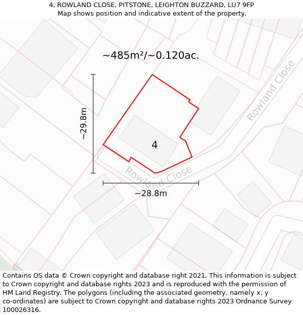 4, ROWLAND CLOSE, PITSTONE, LEIGHTON BUZZARD, LU7 9FP: Plot and title map