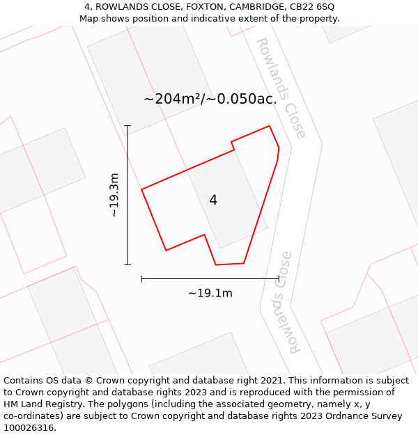 4, ROWLANDS CLOSE, FOXTON, CAMBRIDGE, CB22 6SQ: Plot and title map