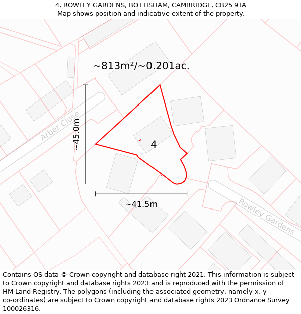 4, ROWLEY GARDENS, BOTTISHAM, CAMBRIDGE, CB25 9TA: Plot and title map