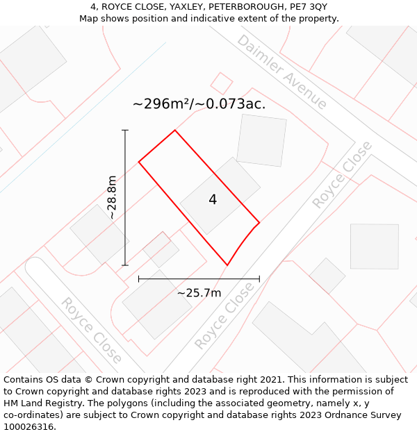 4, ROYCE CLOSE, YAXLEY, PETERBOROUGH, PE7 3QY: Plot and title map