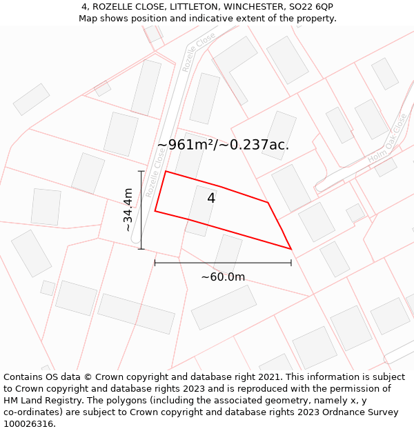 4, ROZELLE CLOSE, LITTLETON, WINCHESTER, SO22 6QP: Plot and title map