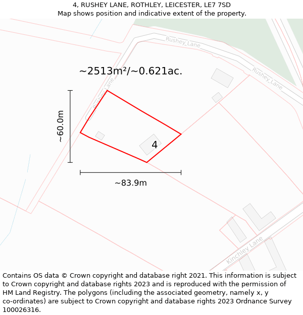 4, RUSHEY LANE, ROTHLEY, LEICESTER, LE7 7SD: Plot and title map