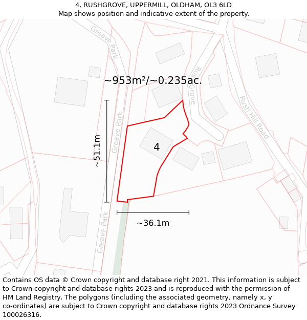 4, RUSHGROVE, UPPERMILL, OLDHAM, OL3 6LD: Plot and title map