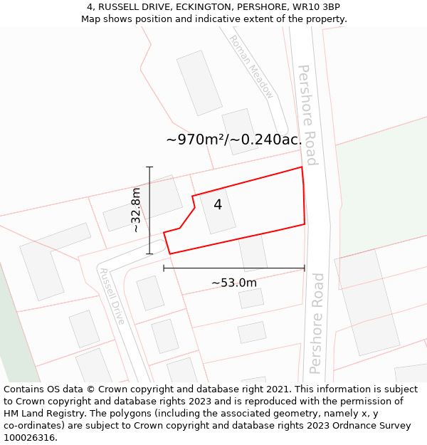 4, RUSSELL DRIVE, ECKINGTON, PERSHORE, WR10 3BP: Plot and title map