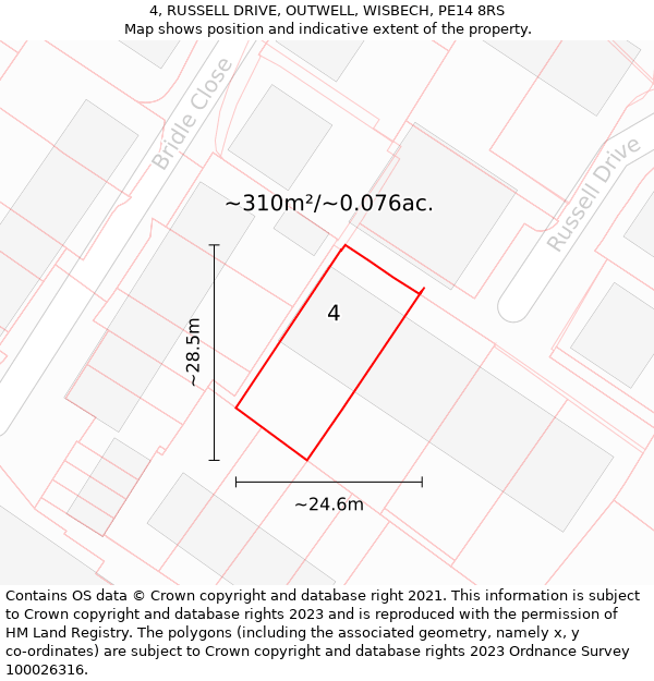 4, RUSSELL DRIVE, OUTWELL, WISBECH, PE14 8RS: Plot and title map