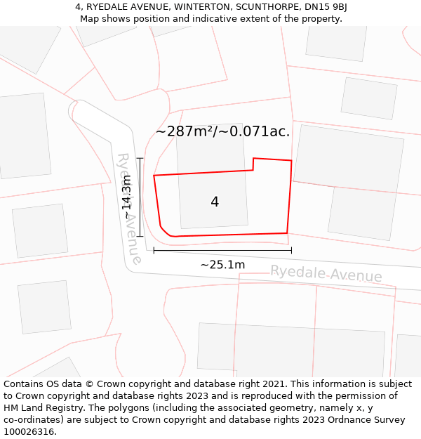 4, RYEDALE AVENUE, WINTERTON, SCUNTHORPE, DN15 9BJ: Plot and title map