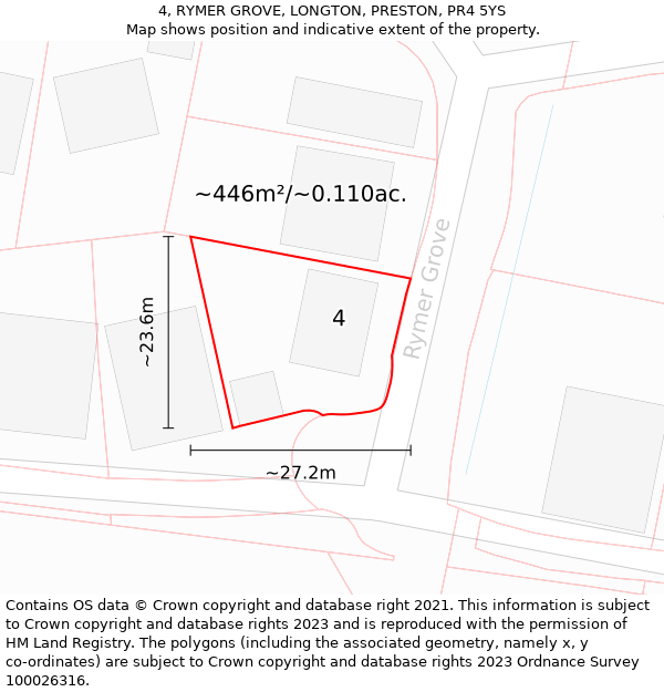 4, RYMER GROVE, LONGTON, PRESTON, PR4 5YS: Plot and title map