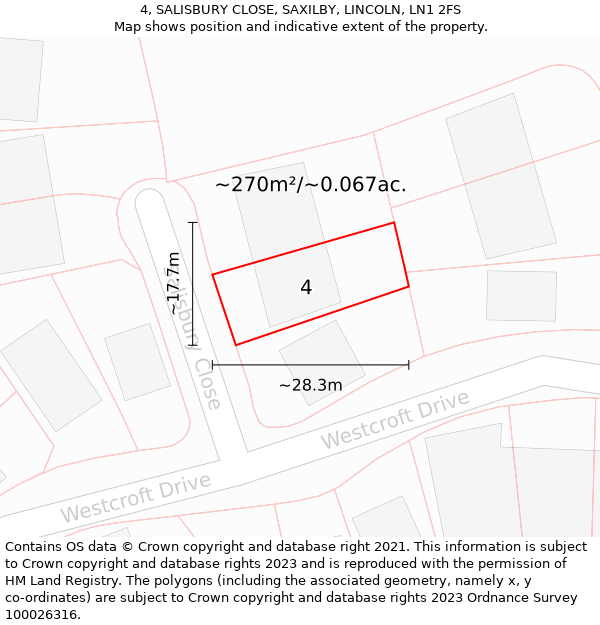 4, SALISBURY CLOSE, SAXILBY, LINCOLN, LN1 2FS: Plot and title map