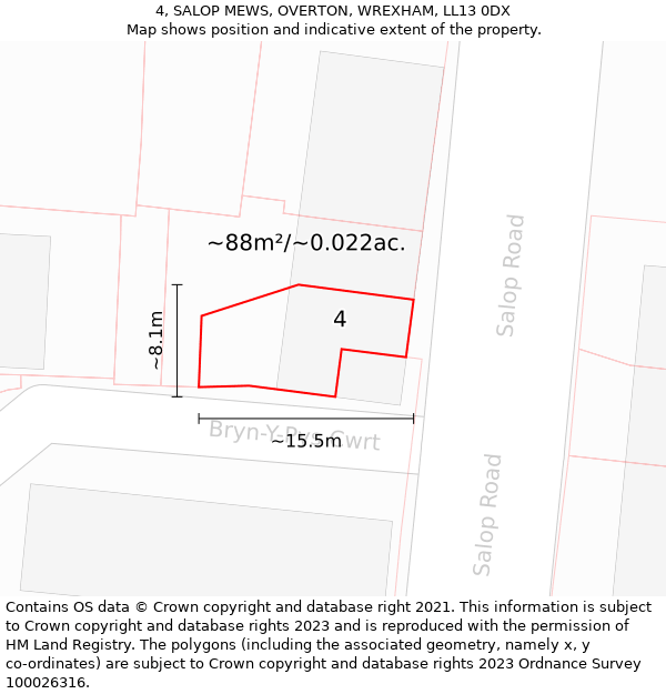 4, SALOP MEWS, OVERTON, WREXHAM, LL13 0DX: Plot and title map