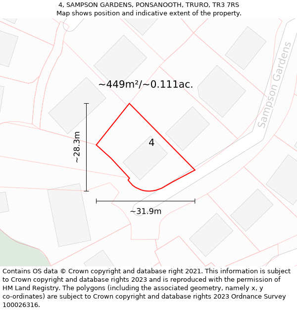 4, SAMPSON GARDENS, PONSANOOTH, TRURO, TR3 7RS: Plot and title map