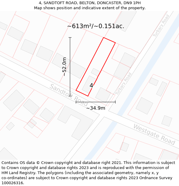 4, SANDTOFT ROAD, BELTON, DONCASTER, DN9 1PH: Plot and title map