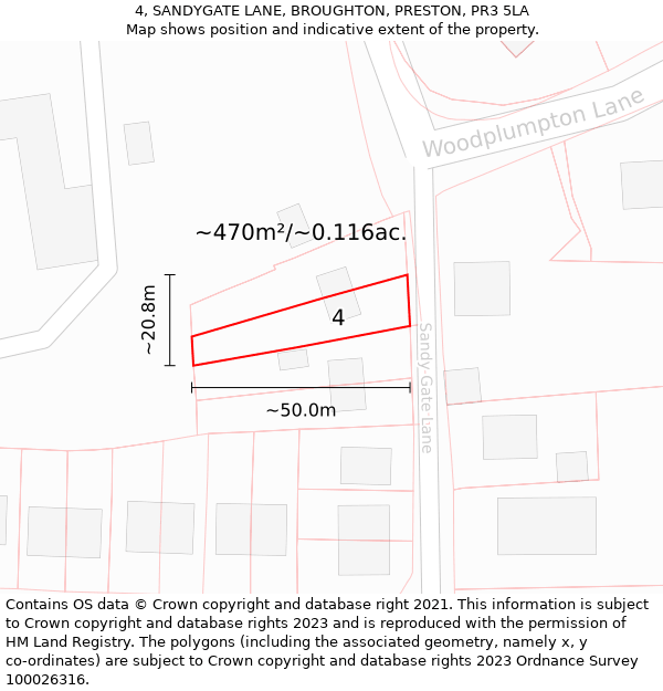 4, SANDYGATE LANE, BROUGHTON, PRESTON, PR3 5LA: Plot and title map