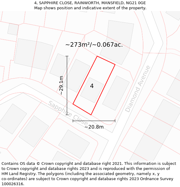 4, SAPPHIRE CLOSE, RAINWORTH, MANSFIELD, NG21 0GE: Plot and title map