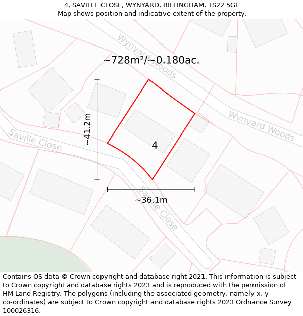 4, SAVILLE CLOSE, WYNYARD, BILLINGHAM, TS22 5GL: Plot and title map