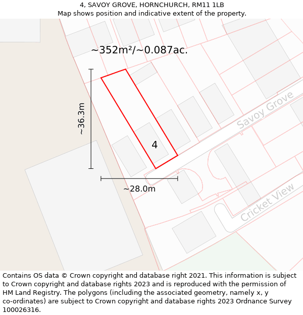 4, SAVOY GROVE, HORNCHURCH, RM11 1LB: Plot and title map