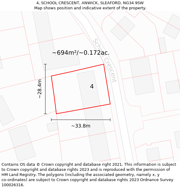 4, SCHOOL CRESCENT, ANWICK, SLEAFORD, NG34 9SW: Plot and title map