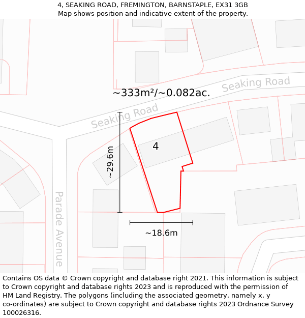 4, SEAKING ROAD, FREMINGTON, BARNSTAPLE, EX31 3GB: Plot and title map