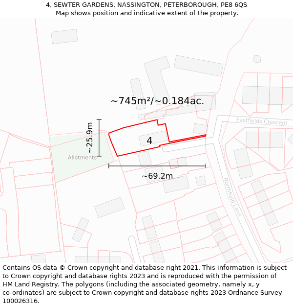 4, SEWTER GARDENS, NASSINGTON, PETERBOROUGH, PE8 6QS: Plot and title map