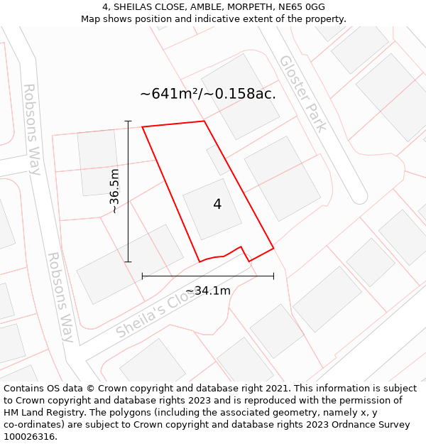 4, SHEILAS CLOSE, AMBLE, MORPETH, NE65 0GG: Plot and title map